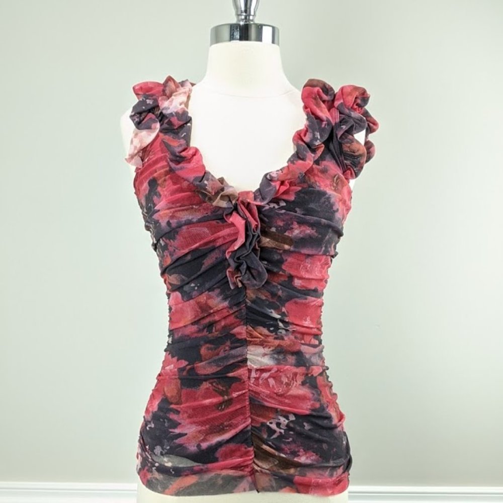 WESTON WEAR Red Black Floral Ruffle Mesh Top XS